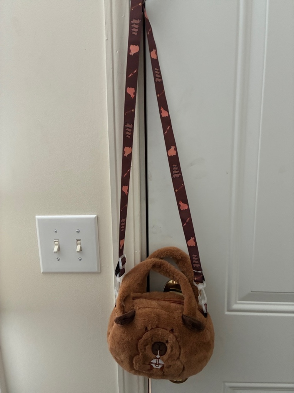 Plush Capybara Crossbody Bag with Patterned Strap